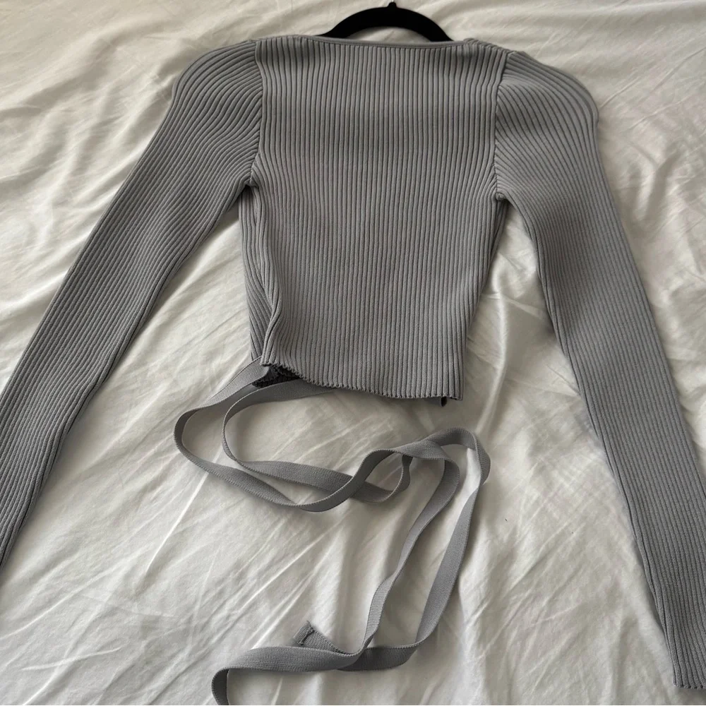 Grey Ribbed Wrap Top with Tie Waist – Long Sleeve - Picture 2 of 3